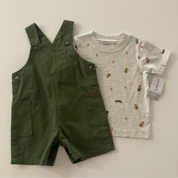 Carter’s 12 Months Baby Boy Tee & Shortalls Set Outfit Safari Animals - Picture 2 of 7